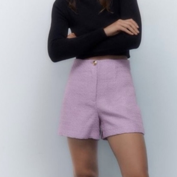 Zara Pants - Zara Lilac Purple Tweed Textured High Waisted Bermuda Shorts gold button Size L